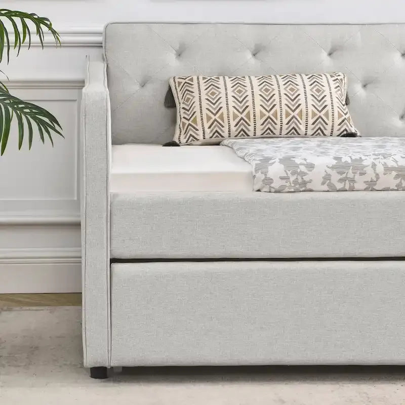 Twin Size Linen Daybed with Trundle and Tufted Back