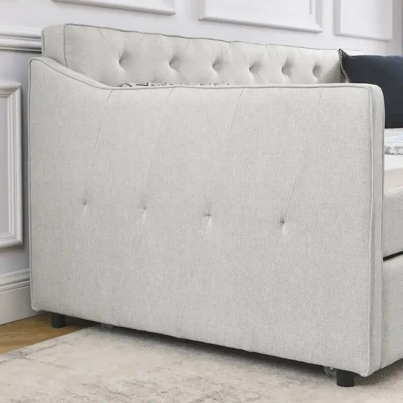 Twin Size Linen Daybed with Trundle and Tufted Back