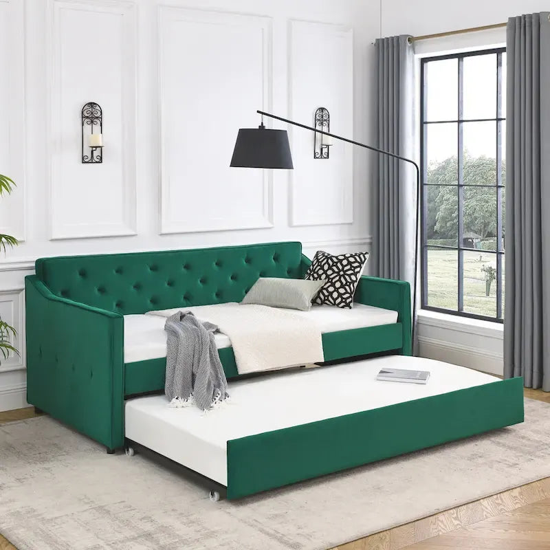 Twin Size Linen Daybed with Trundle and Tufted Back