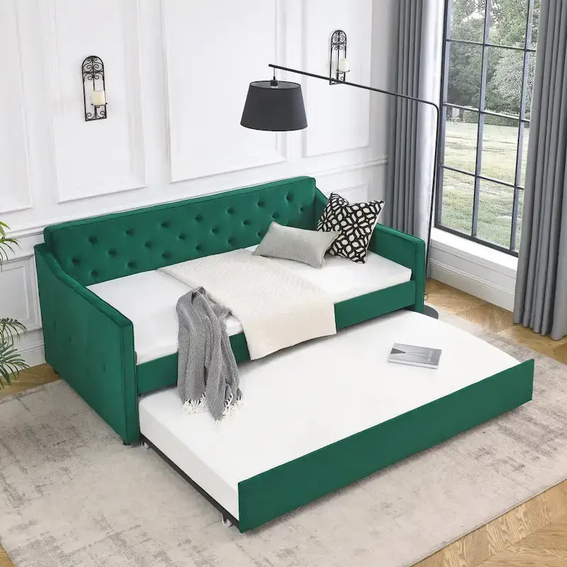 Twin Size Linen Daybed with Trundle and Tufted Back