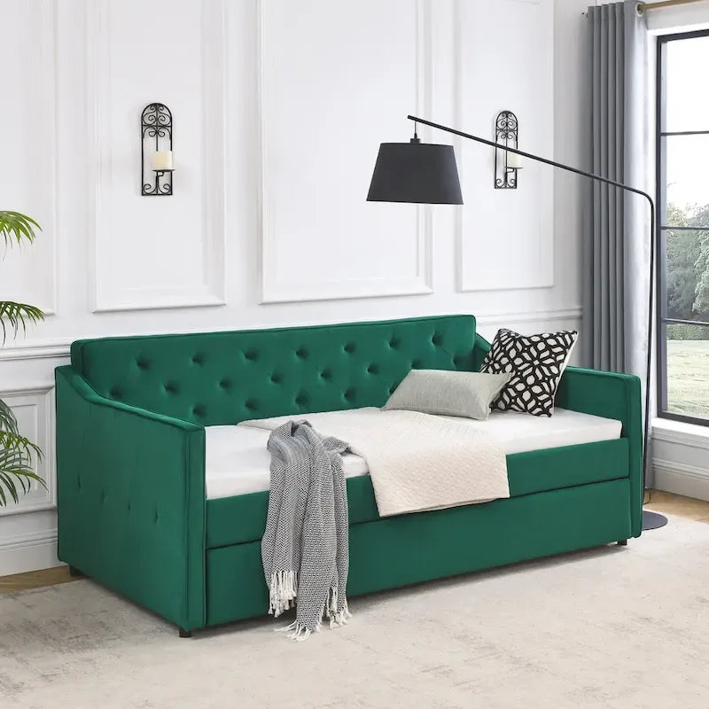 Twin Size Linen Daybed with Trundle and Tufted Back