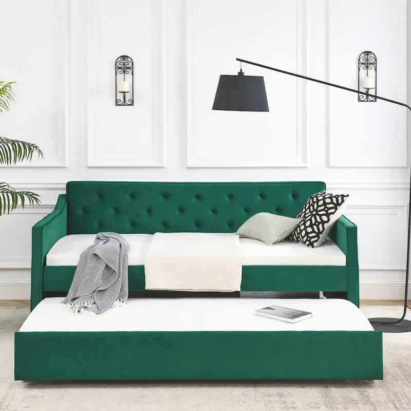 Twin Size Linen Daybed with Trundle and Tufted Back