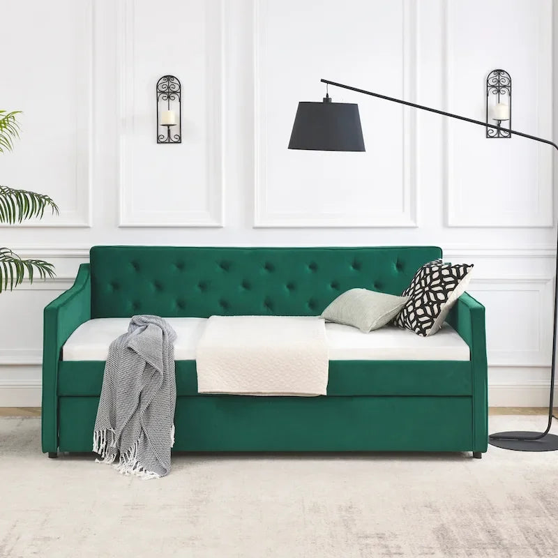 Twin Size Linen Daybed with Trundle and Tufted Back
