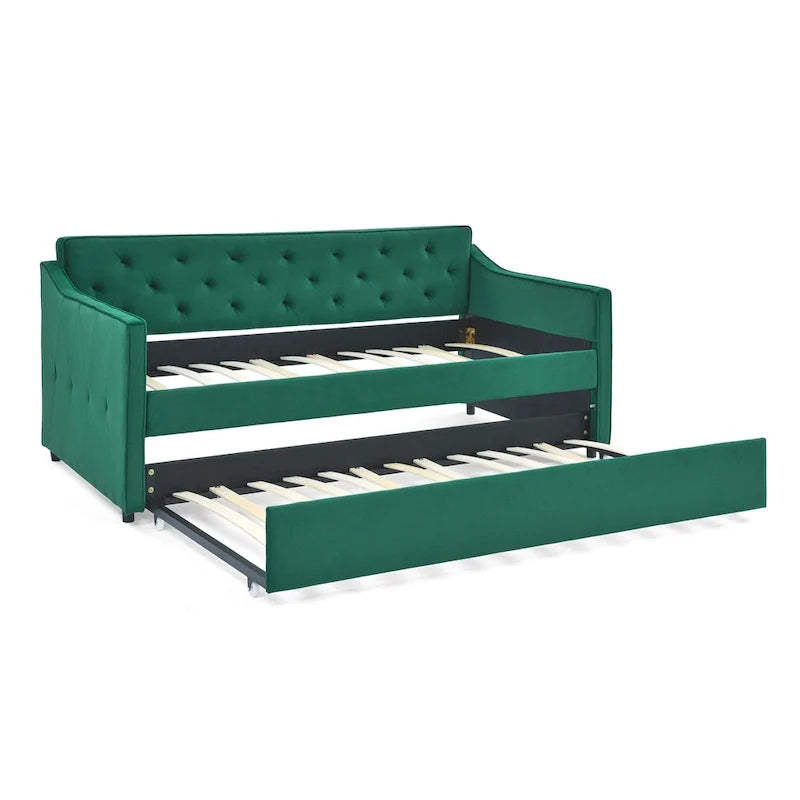 Twin Size Linen Daybed with Trundle and Tufted Back