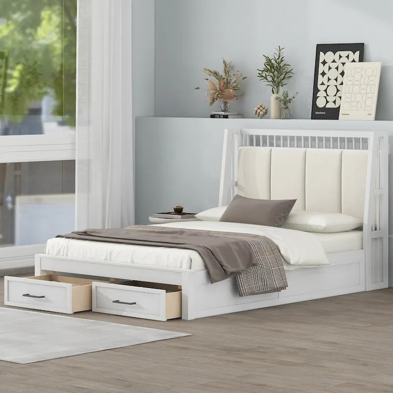 Full Size Platform Bed with Linen Headboard and 2 Drawers