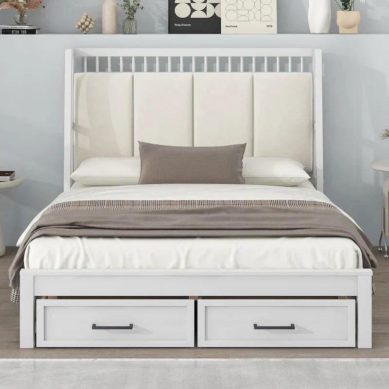Full Size Platform Bed with Linen Headboard and 2 Drawers
