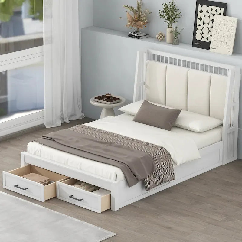 Full Size Platform Bed with Linen Headboard and 2 Drawers