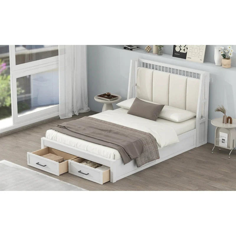 Full Size Platform Bed with Linen Headboard and 2 Drawers