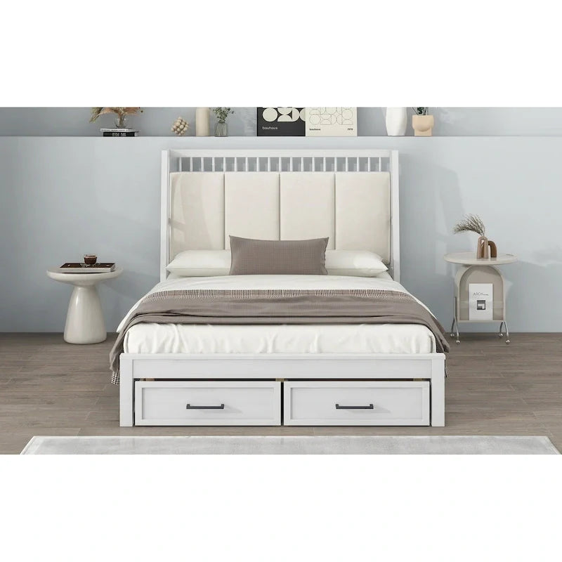Full Size Platform Bed with Linen Headboard and 2 Drawers