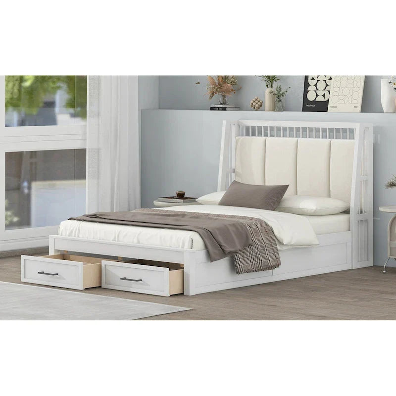 Full Size Platform Bed with Linen Headboard and 2 Drawers