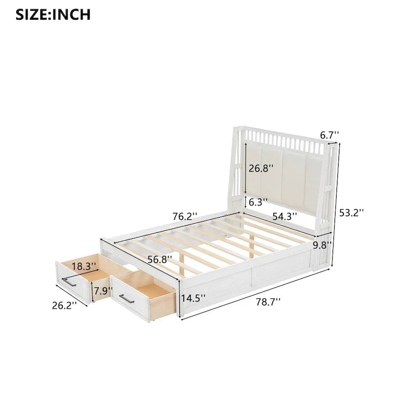 Full Size Platform Bed with Linen Headboard and 2 Drawers