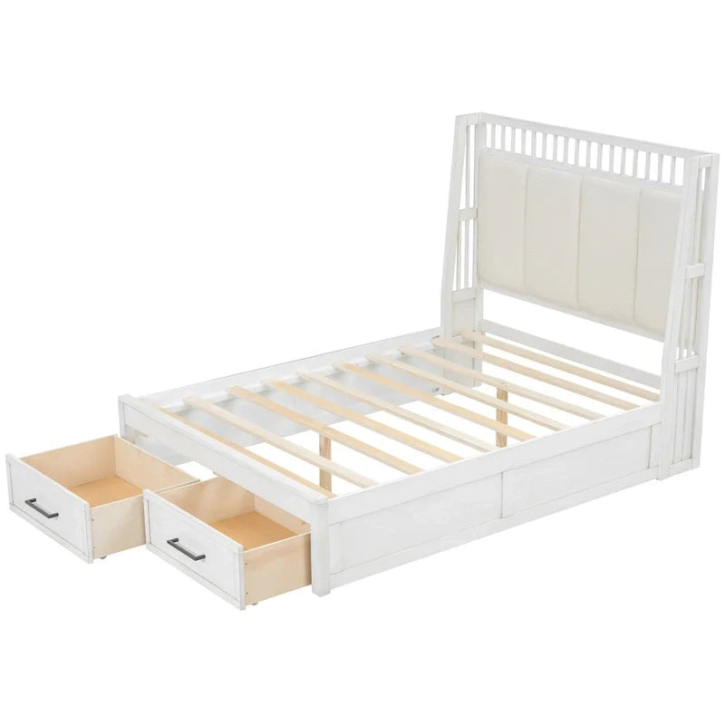 Full Size Platform Bed with Linen Headboard and 2 Drawers