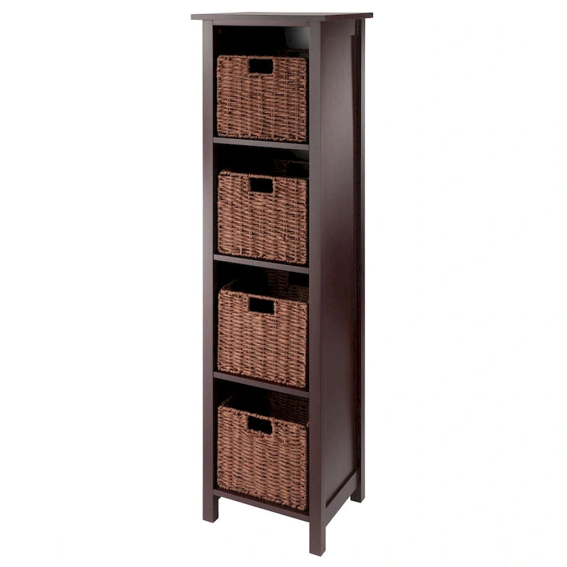 5 Pc Storage Shelf with 4 Foldable Woven Baskets - 56 - Walnut Brown