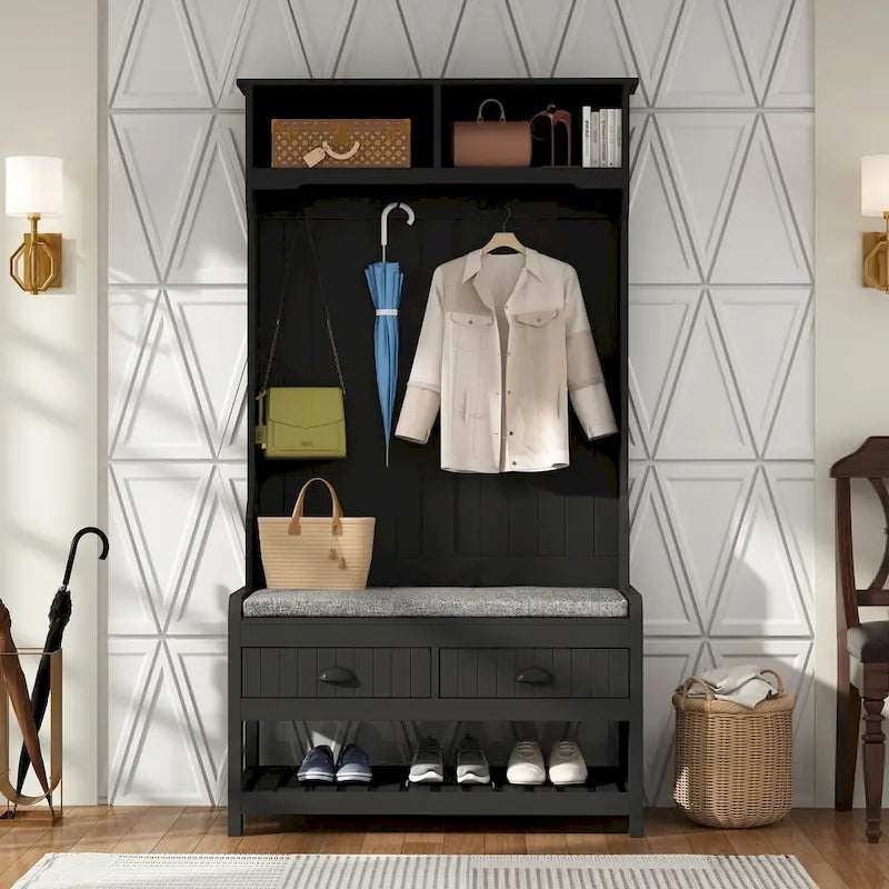 34.3 W 68.5H Hall Tree with Bench and Shoe Storage With Cushion