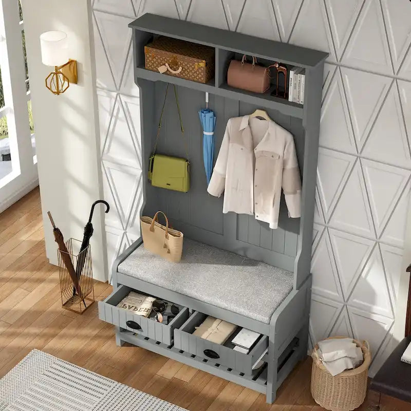 34.3 W 68.5H Hall Tree with Bench and Shoe Storage With Cushion