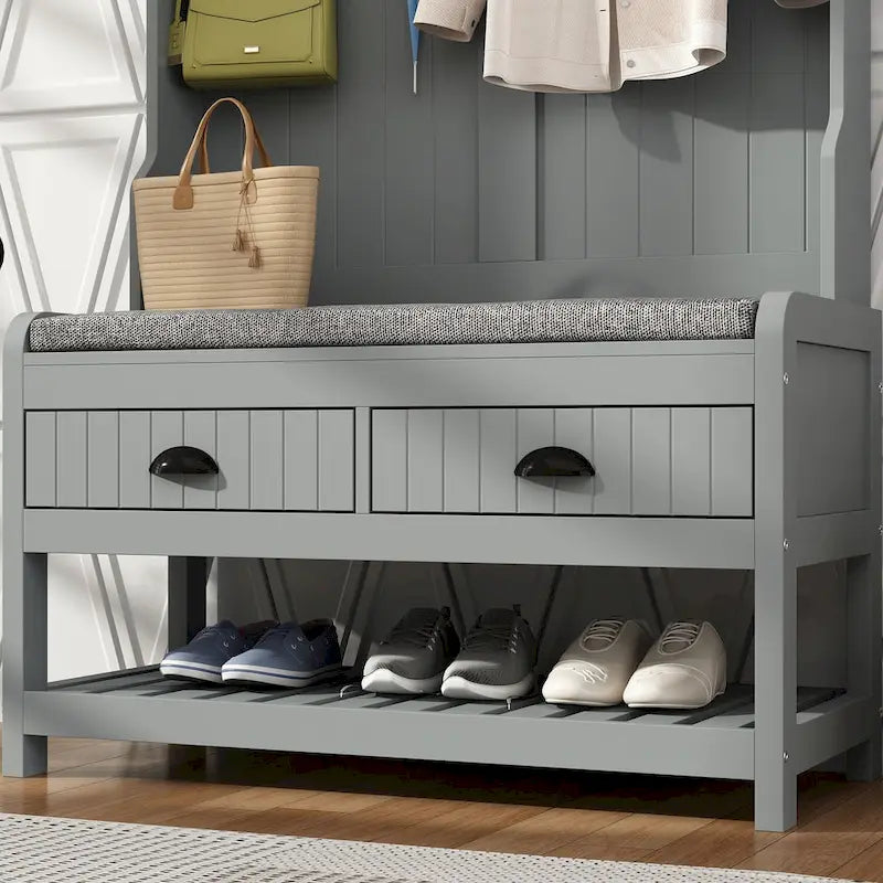 34.3 W 68.5H Hall Tree with Bench and Shoe Storage With Cushion
