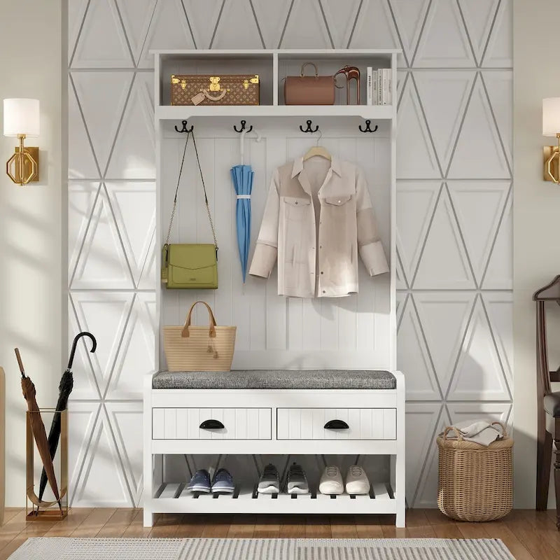 34.3 W 68.5H Hall Tree with Bench and Shoe Storage With Cushion