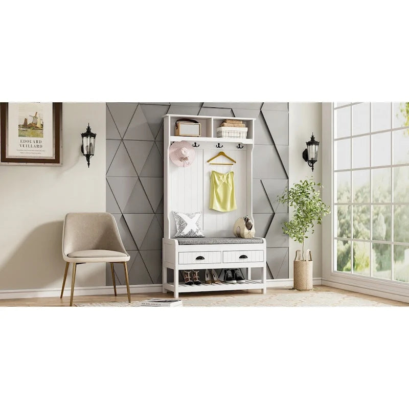 34.3 W 68.5H Hall Tree with Bench and Shoe Storage With Cushion