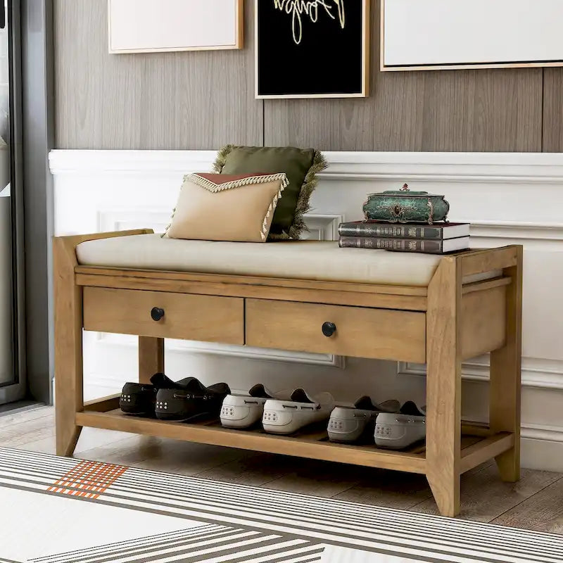 Shoe Rack with Cushioned Seat and Drawers