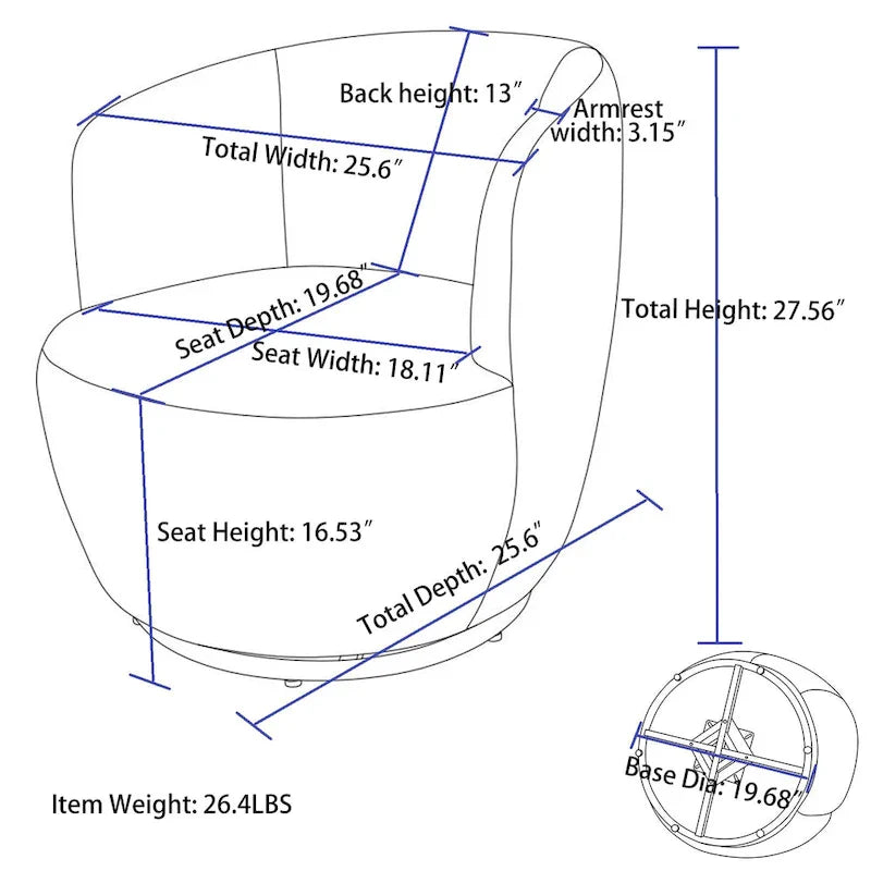Teddy Fabric Swivel Barrel Accent Chair with Black Metal Base