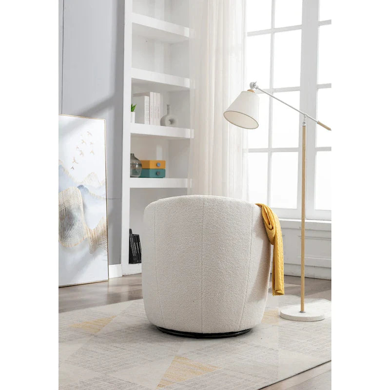 Teddy Fabric Swivel Barrel Accent Chair with Black Metal Base