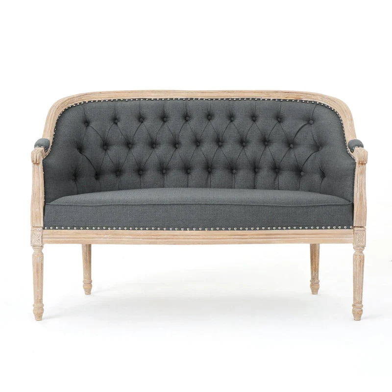 Button-Tufted Upholstered Loveseat with Scrolled Arms and Nailhead Trim