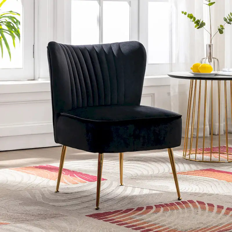 Velvet Channel-Tufted Accent Chair with Gold Metal Legs