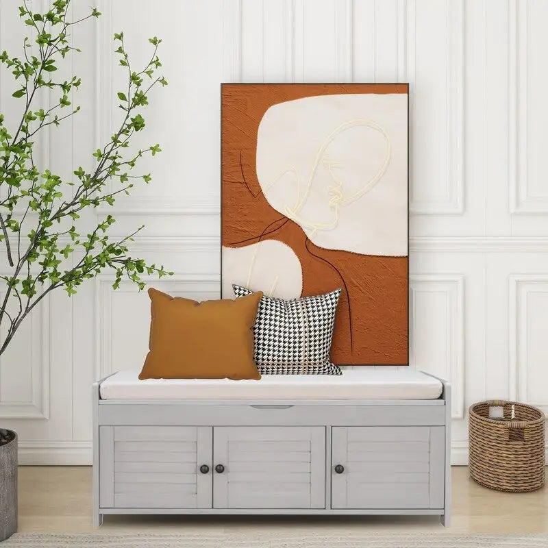 Wooden shoe storage stool with cushioned entrance bench with built-in adjustable shelf and flip top