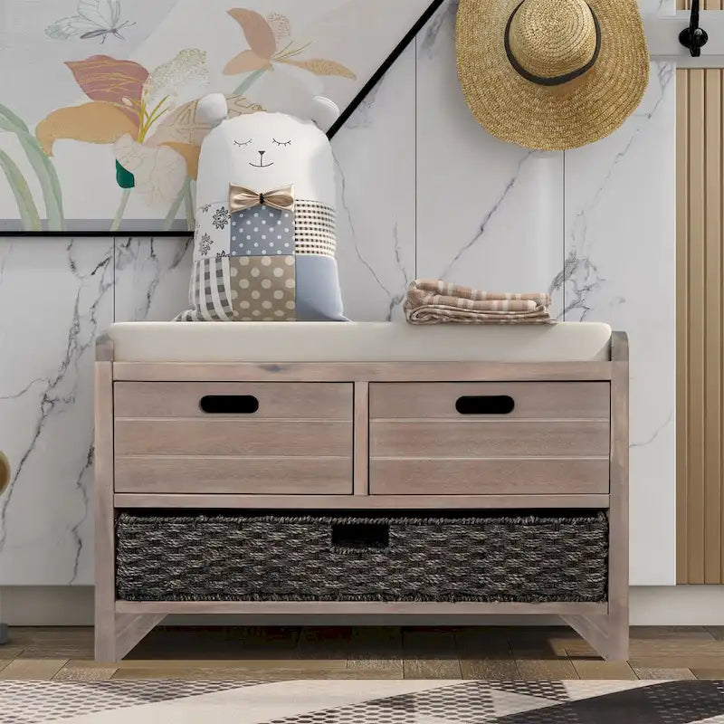 Storage Bench with Removable Basket and 2 Drawers, Removable Cushion