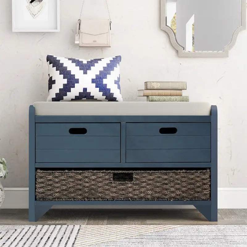 Storage Bench with Removable Basket and 2 Drawers, Removable Cushion