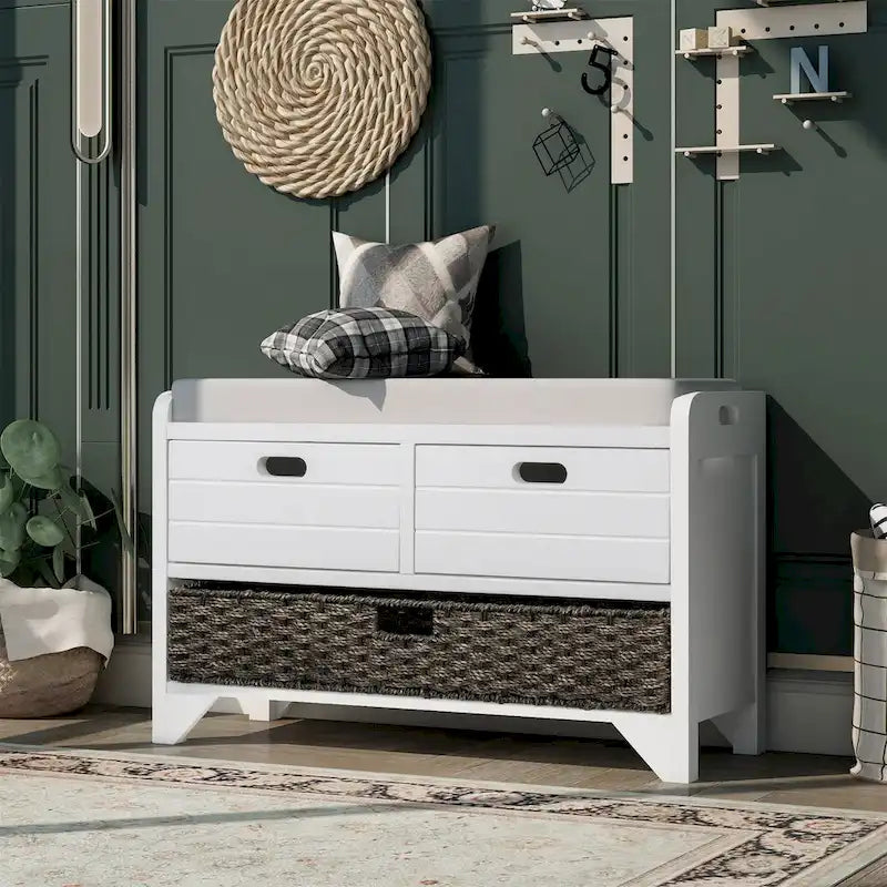 Storage Bench with Removable Basket and 2 Drawers, Removable Cushion