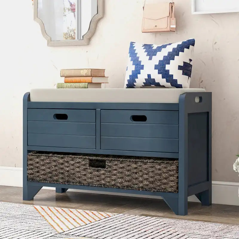 Storage Bench with Removable Basket and 2 Drawers, Removable Cushion
