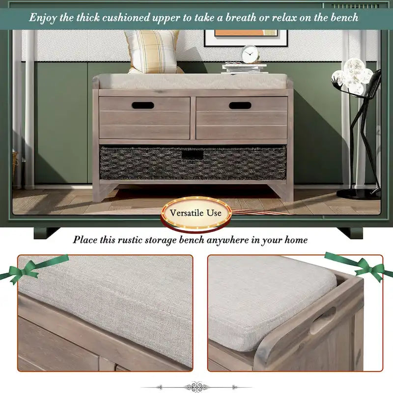 Storage Bench with Removable Basket and 2 Drawers, Removable Cushion