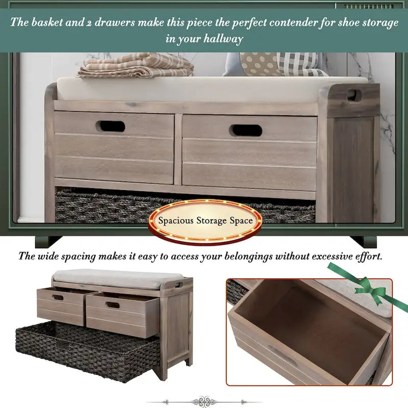 Storage Bench with Removable Basket and 2 Drawers, Removable Cushion