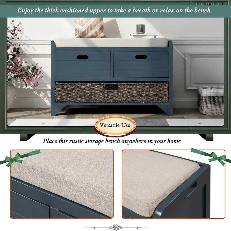 Storage Bench with Removable Basket and 2 Drawers, Removable Cushion