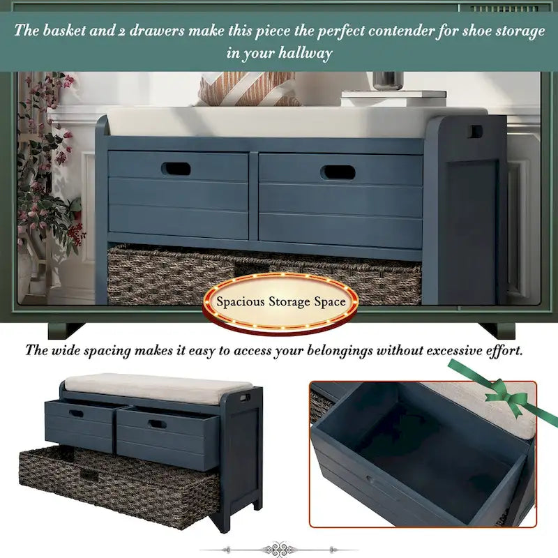 Storage Bench with Removable Basket and 2 Drawers, Removable Cushion