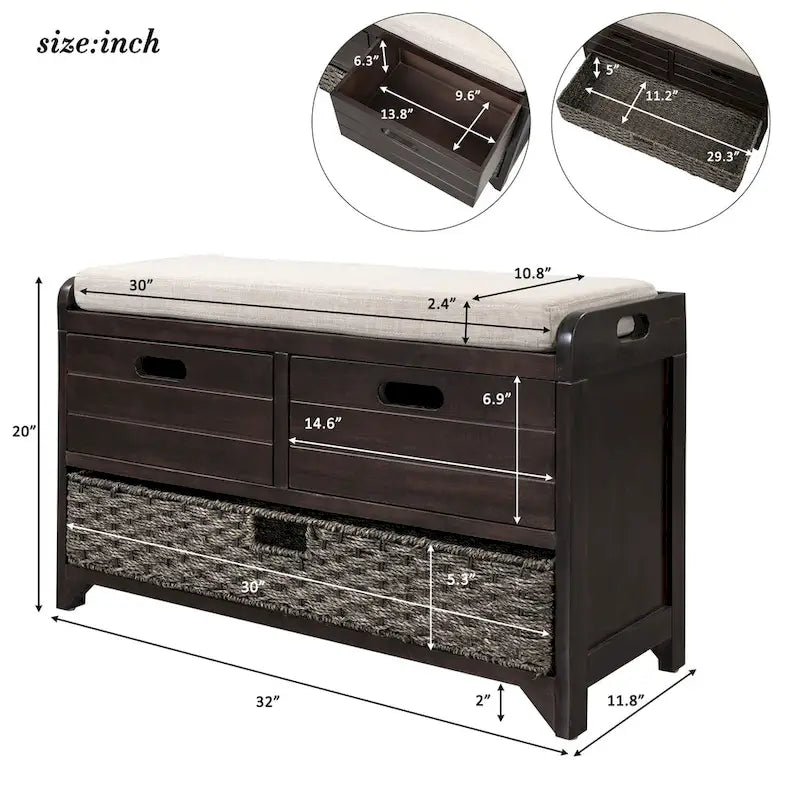 Storage Bench with Removable Basket and 2 Drawers, Removable Cushion