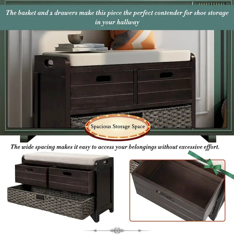 Storage Bench with Removable Basket and 2 Drawers, Removable Cushion