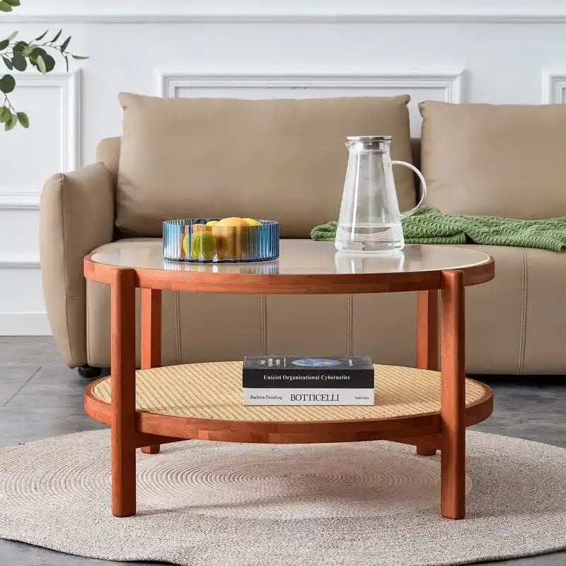 Round Glass Coffee Table with Rattan Shelf and Solid Wood Frame