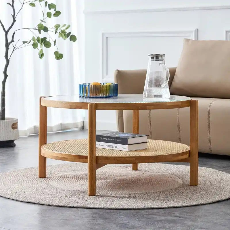 Round Glass Coffee Table with Rattan Shelf and Solid Wood Frame
