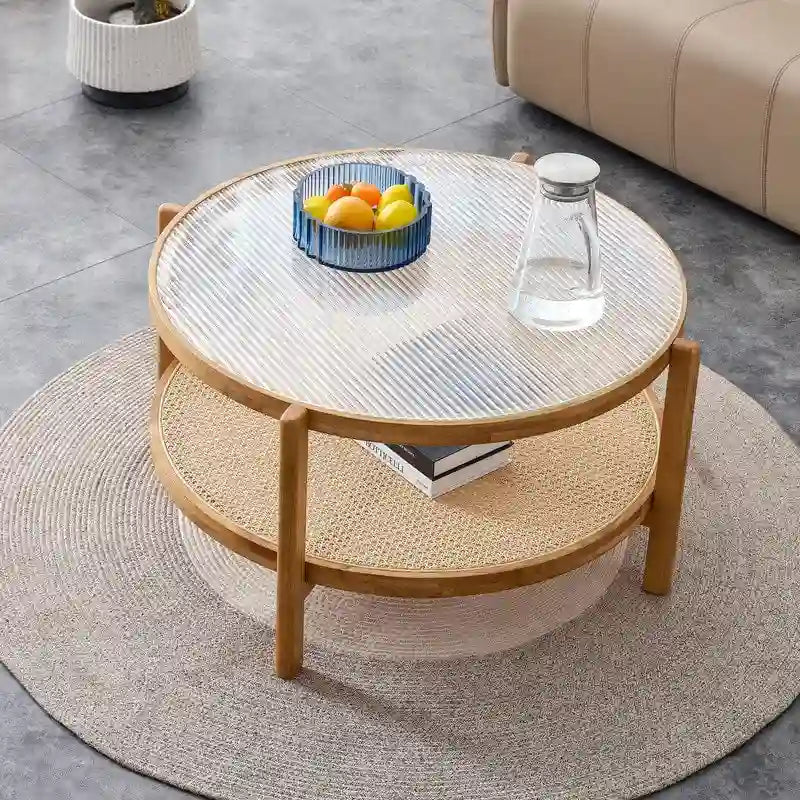 Round Glass Coffee Table with Rattan Shelf and Solid Wood Frame
