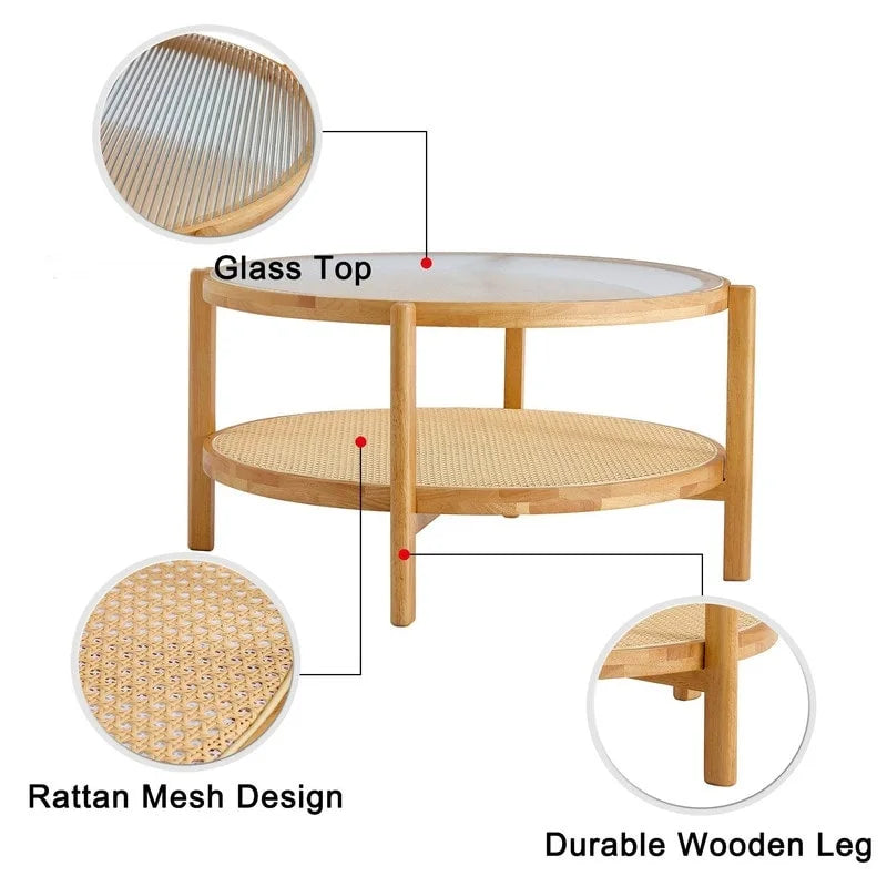 Round Glass Coffee Table with Rattan Shelf and Solid Wood Frame