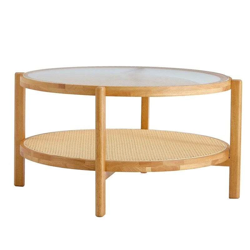 Round Glass Coffee Table with Rattan Shelf and Solid Wood Frame
