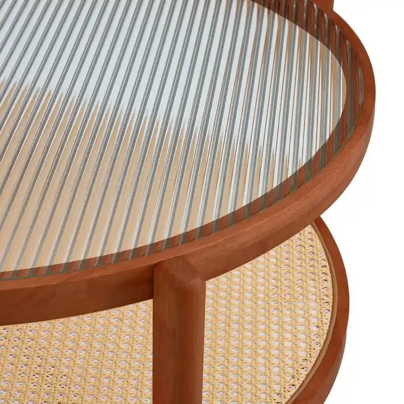 Round Glass Coffee Table with Rattan Shelf and Solid Wood Frame