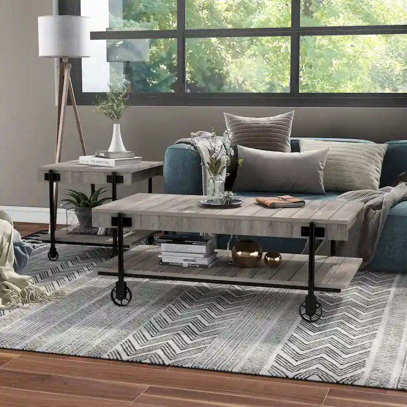 Black Farmhouse Steel 2-Piece Coffee Table Set with Wheels