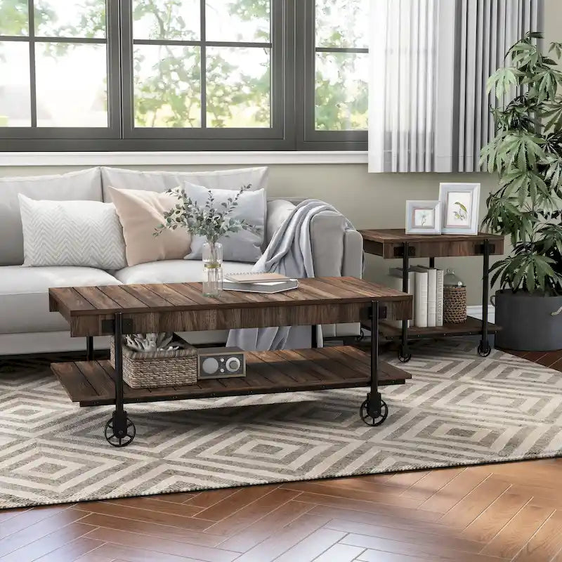 Black Farmhouse Steel 2-Piece Coffee Table Set with Wheels