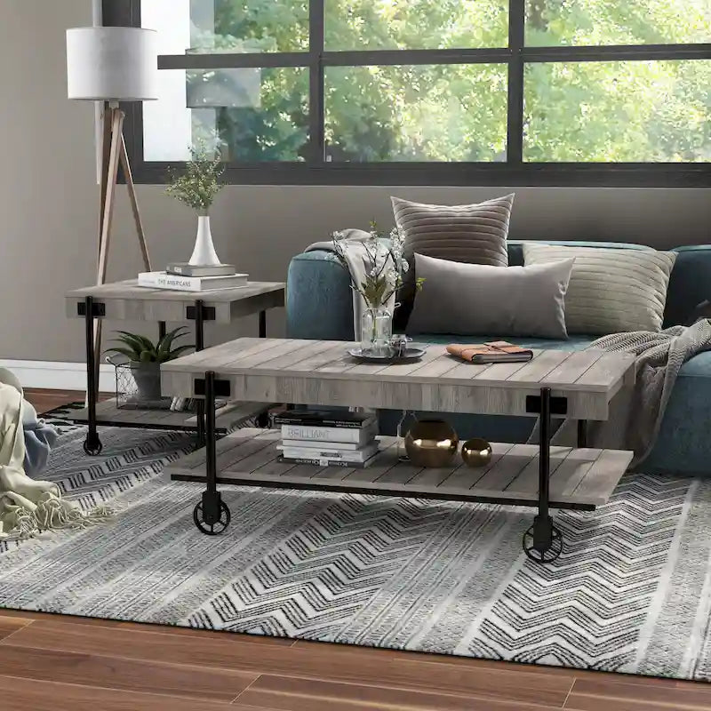 Black Farmhouse Steel 2-Piece Coffee Table Set with Wheels