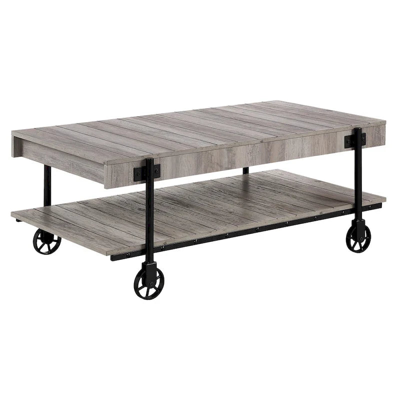 Black Farmhouse Steel 2-Piece Coffee Table Set with Wheels