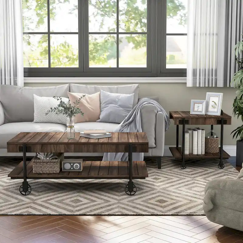 Black Farmhouse Steel 2-Piece Coffee Table Set with Wheels