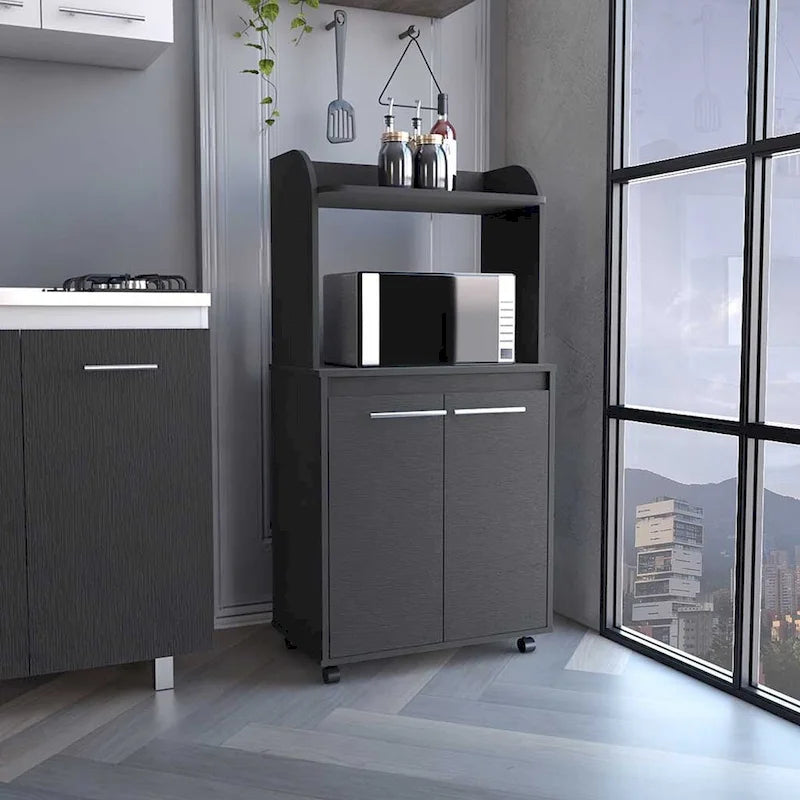 2-Tier Kitchen Island Cart, Rolling Microwave Oven Stand with Open Shelf and Double Door Cabinet